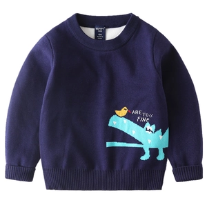 Navy blue boys knit sweater with colorful cartoon crocodile and bird pattern embroidery