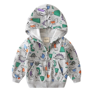 Kids grey zip-up hoodie featuring colorful cartoon dinosaur prints and ribbed cuffs
