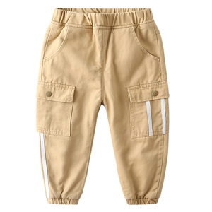 Khaki boys casual cargo pants with elastic waist and white side stripes decoration