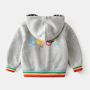 Grey hooded sweatshirt for boys featuring colorful COOL print and rainbow striped cuffs