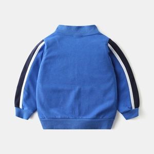 Back view of boys blue sports zip-up hoodie with sleeve stripes and ribbed cuffs
