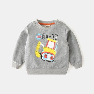 Grey kids sweatshirt with a yellow cartoon excavator print and ribbed crew neck collar