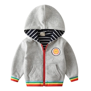 Gray zip-up toddler hoodie with colorful rainbow stripes and sun badge detail