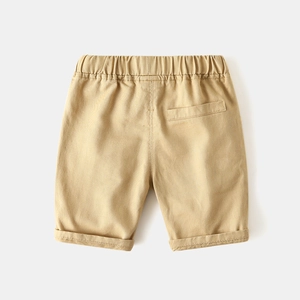 Classic khaki cotton cargo shorts for boys with elastic waistband and folded hem design