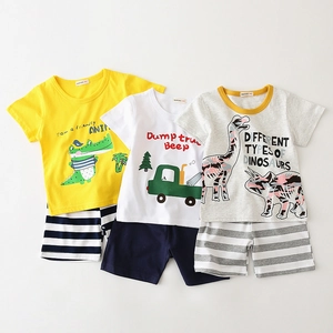 Kids cotton summer short sleeve T-shirt and shorts set with cartoon prints