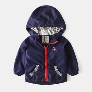 Kids navy dinosaur windbreaker hoodie with red zipper and striped lining details