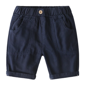 Classic dark blue cotton shorts for boys featuring elastic waist and decorative wood button