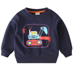 Navy blue kids sweatshirt featuring a colorful excavator cartoon print on cotton fabric