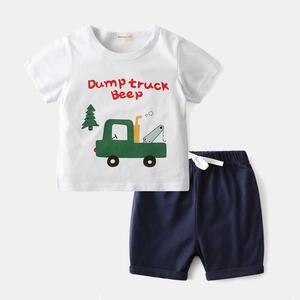 Kids summer cotton set with truck print white T-shirt and navy blue elastic shorts