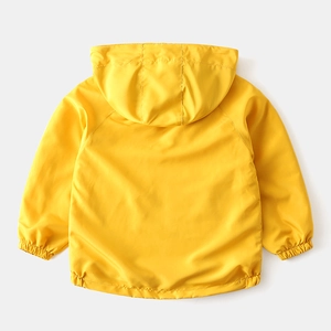 Yellow kids hooded jacket with zip closure shown from the back in a minimalist style