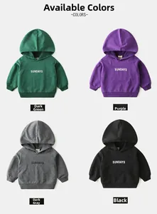 Detail view of four kid's hoodies in dark green, purple, dark gray, and black colors