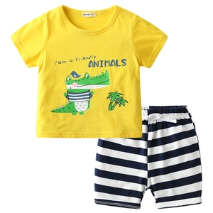 Kids short sleeve set featuring yellow cartoon T-shirt and blue striped shorts for boys