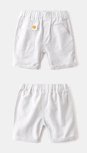 Detailed front and back view of boys cotton casual shorts with elastic waist and cargo pocket