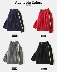 Children's zip-up sports sweatshirts in navy, burgundy, grey, and black color options