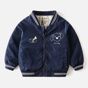 Kids Boys Casual Spring Baseball Jacket Cartoon Dog Print Polyester Zipper Coat With Ribbed Cuffs Navy Blue Lightweight Top