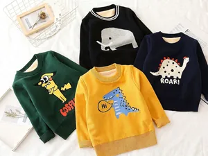 Kids warm fleece-lined knit sweaters in four colors with cartoon dinosaur and elephant patterns