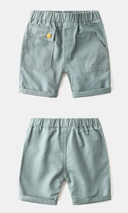 Front and back detail of boys' olive green cotton cargo shorts with elastic waistband