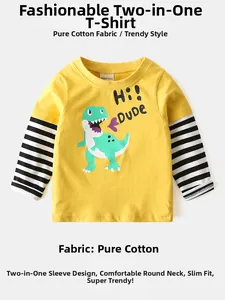 Detail of cotton kids long sleeve tee with dinosaur print and striped sleeves