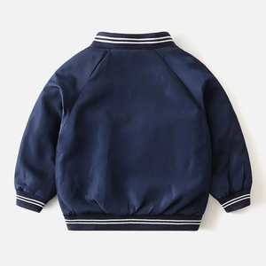 Navy blue kids track jacket with white striped ribbed cuffs and raglan sleeves back view