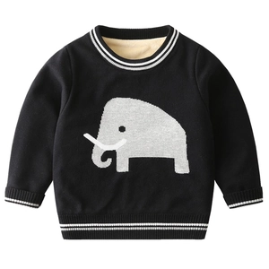 Kids warm fleece lined knit sweater featuring a black design with white elephant pattern