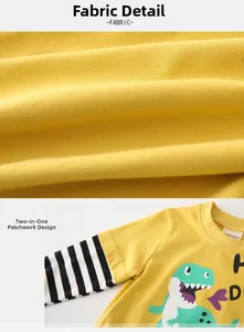 Macro detail of yellow cotton fabric and faux two-piece striped sleeves for kids' tee