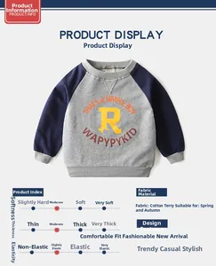 Detail of raglan sleeves and cotton loopback fabric on kids letter print sweatshirt