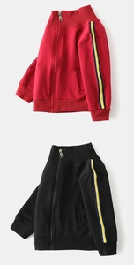 Detail of kids zip-up jacket showing high collar and three-color side stripe tape sleeves