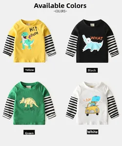 Detail view of colorful kids long sleeve shirts featuring dinosaur and car patterns