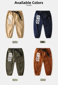 Kids casual pants shown in khaki, navy, green and brick red with letter print