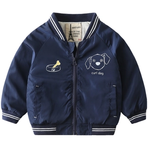 Classic navy blue kids bomber jacket with cartoon dog print and ribbed cuffs