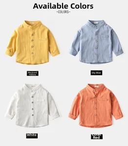 Detail view of boy's stand collar shirts in ginger, blue, white, and brick red colors