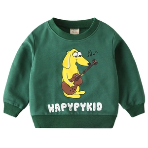 Dark green kids' cartoon dog crewneck sweatshirt with ribbed cuffs and hem detail