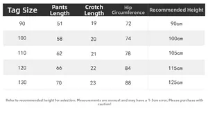 Detailed size chart for kids casual pants showing length and waist measurements