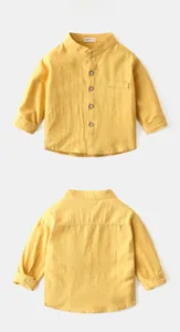 Front and back detail of ginger yellow long sleeve shirt with stand collar and chest pocket