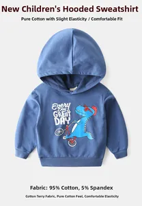Detail of blue cotton hoodie featuring a cycling dinosaur print and soft terry texture