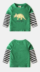 Detail of green long-sleeve kids T-shirt featuring triceratops print and striped sleeves