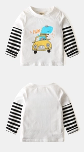 Detail of kids long sleeve T-shirt with cartoon dinosaur car print and striped sleeves