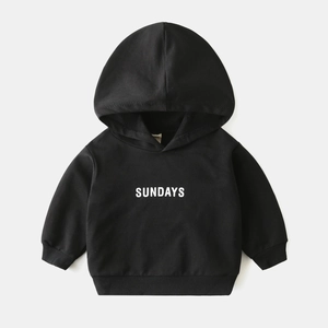 Kids black hooded sweatshirt with SUNDAYS letter print and ribbed cuffs for spring