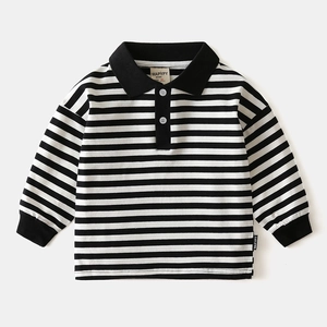 Polo da Ragazzo Casual a Strisce a Manica Lunga in Misto Cotone Traspirante Top a Strisce Bianche E Nere Primavera Autunno Bambini