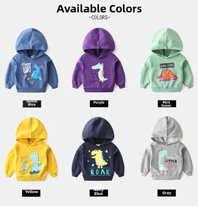 Detail view of cotton kids' hoodies in six colors with assorted dinosaur prints