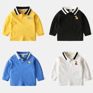 Polo à Manches Longues pour Garçons en Mélange de Coton Piqué Broderie Dessin Animé Col Contrasté Hauts Décontractés