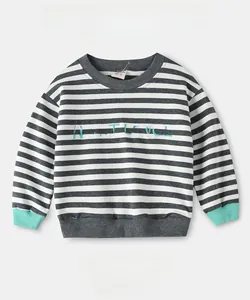 Detail of striped kids sweatshirt with Next Level blue embroidery and mint green cuffs