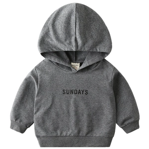 Dark gray kids hooded sweatshirt with Sundays lettering made of soft cotton fabric