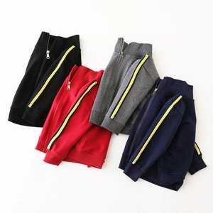 Boys Sporty Zip-up Hoodie Cotton Blend Jacket With Striped Sleeves Stand Collar Children Sweatshirt For School Daily