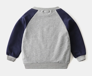 Flat lay back view of kids raglan sleeve sweatshirt with navy sleeves and ribbed trim