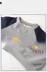 Detail view of the ribbed round neckline and elastic hem on children's raglan sweatshirt
