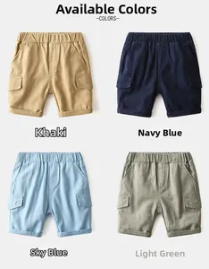 Boys cargo shorts in khaki, navy, sky blue and green with elastic waist and side pockets