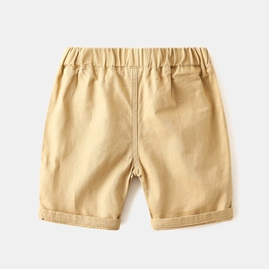 Boys khaki cotton twill leisure shorts with elastic waist and cuffed hems in flat lay view