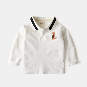Polo à manches longues pour enfants en coton blanc avec broderie dinosaure et col à rayures