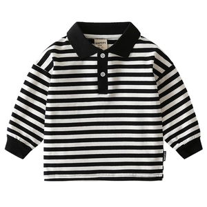 Polo classica a maniche lunghe per bambini a righe bianche e nere con polsini a coste